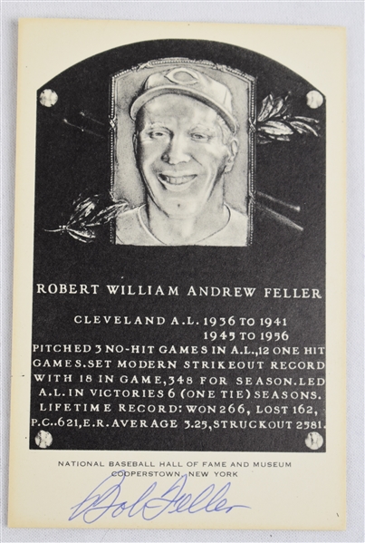 Bob Feller Autographed HOF Plaque Postcard