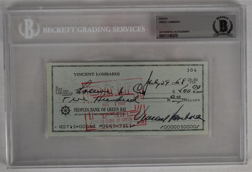 Vince Lombardi Signed 1968 Personal Check #304 BGS Authentic 