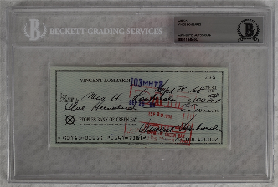 Vince Lombardi Signed 1968 Personal Check #335 BGS Authentic *Twice Signed Lombardi*
