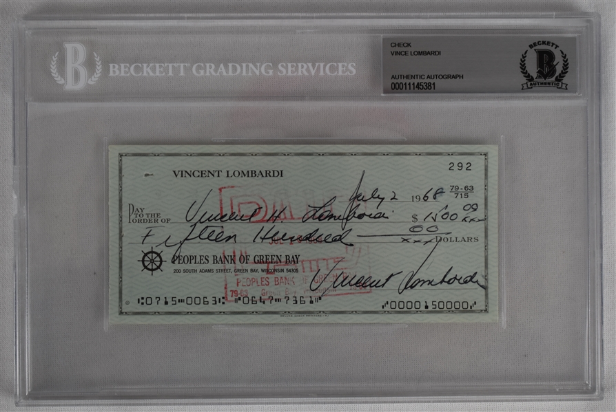Vince Lombardi Signed 1968 Personal Check #292 BGS Authentic *Twice Signed Vince Lombardi*