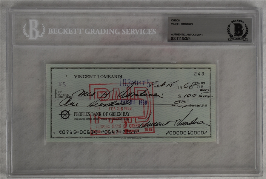 Vince Lombardi Signed 1968 Personal Check #243 BGS Authentic *Twice Signed Lombardi*