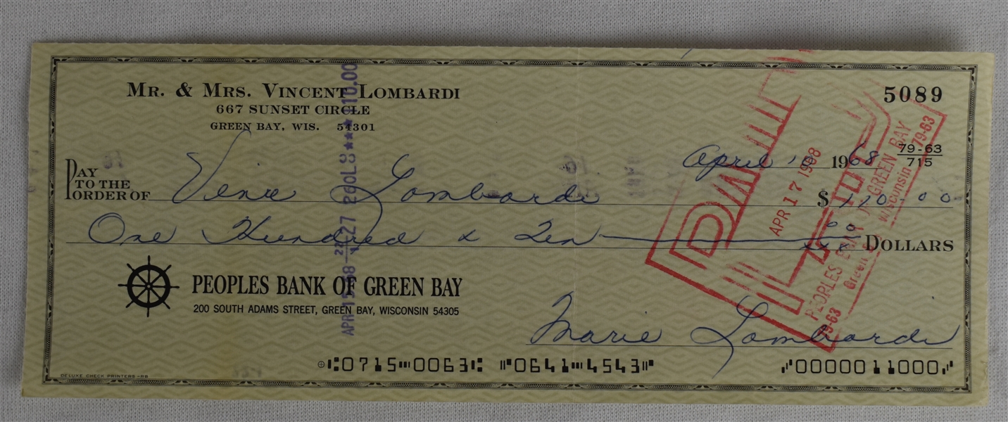 Vince Lombardi Jr. 1968 Endorsed Check #5089