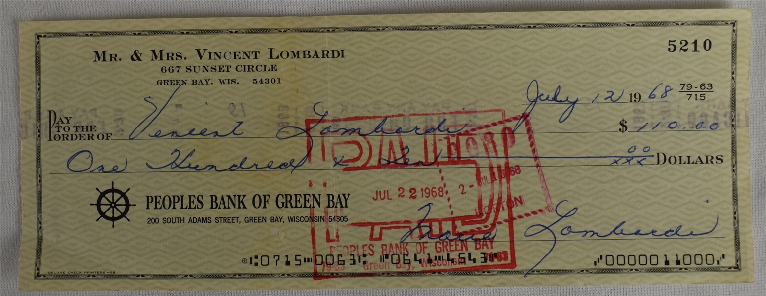Vince Lombardi Jr. 1968 Endorsed Check  #5210 