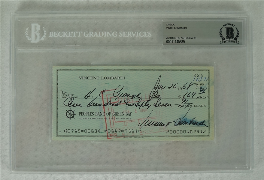 Vince Lombardi Signed 1968 Personal Check #224 BGS Authentic 