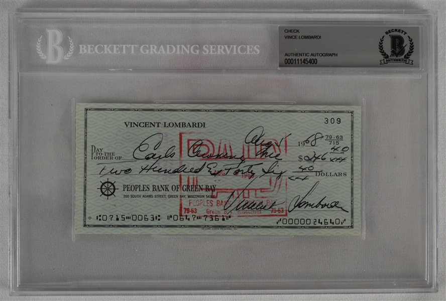 Vince Lombardi Signed 1968 Personal Check #309 BGS Authentic 