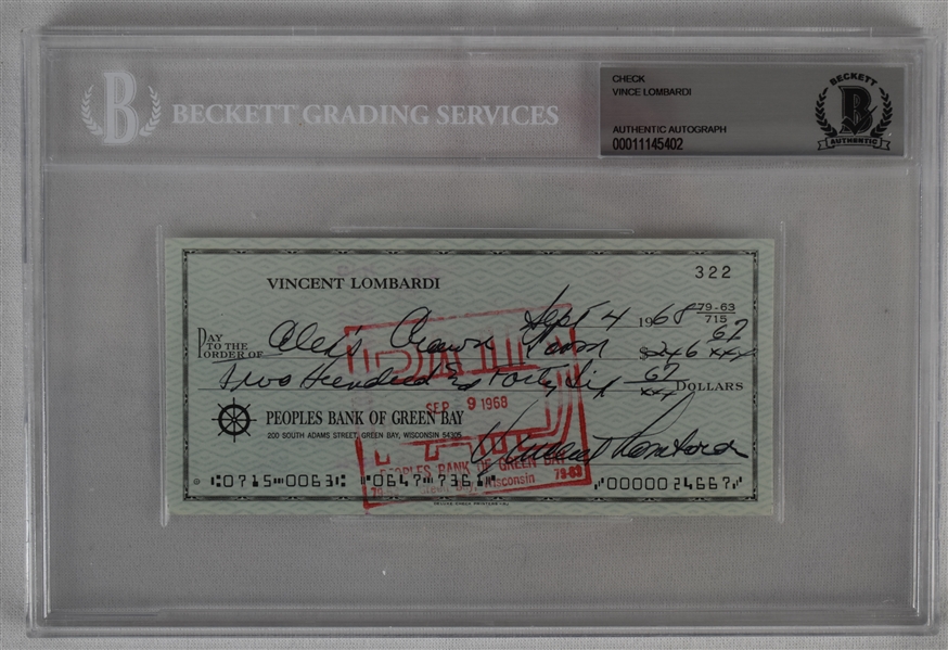 Vince Lombardi Signed 1968 Personal Check #322 BGS Authentic 