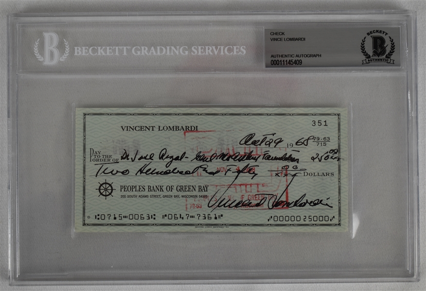 Vince Lombardi Signed 1968 Personal Check #351 BGS Authentic 