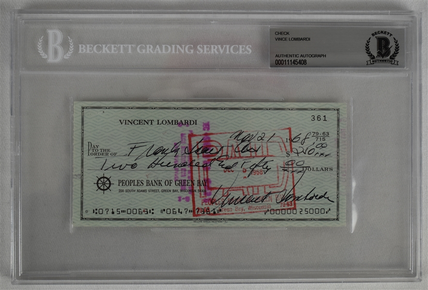 Vince Lombardi Signed 1968 Personal Check #361 BGS Authentic 
