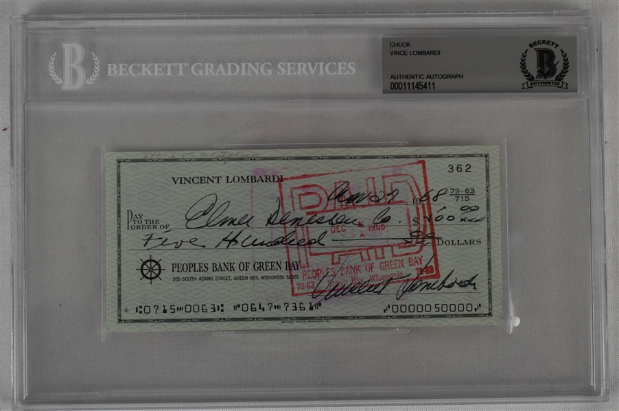 Vince Lombardi Signed 1968 Personal Check #362 BGS Authentic 