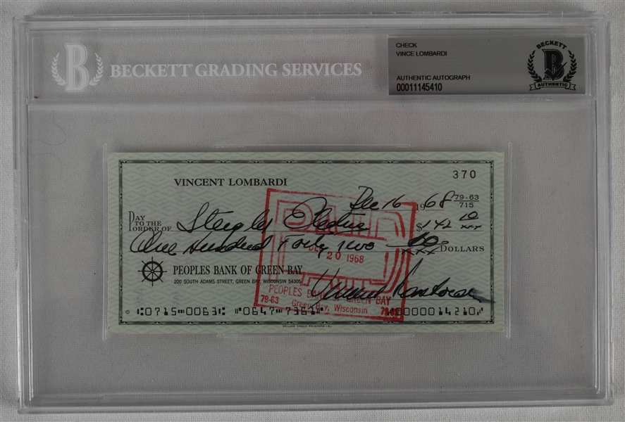Vince Lombardi Signed 1968 Personal Check #370 BGS Authentic 