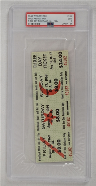 Original 1969 Woodstock Full Ticket Three Day Ticket Music And Art Fair PSA 9 Mint