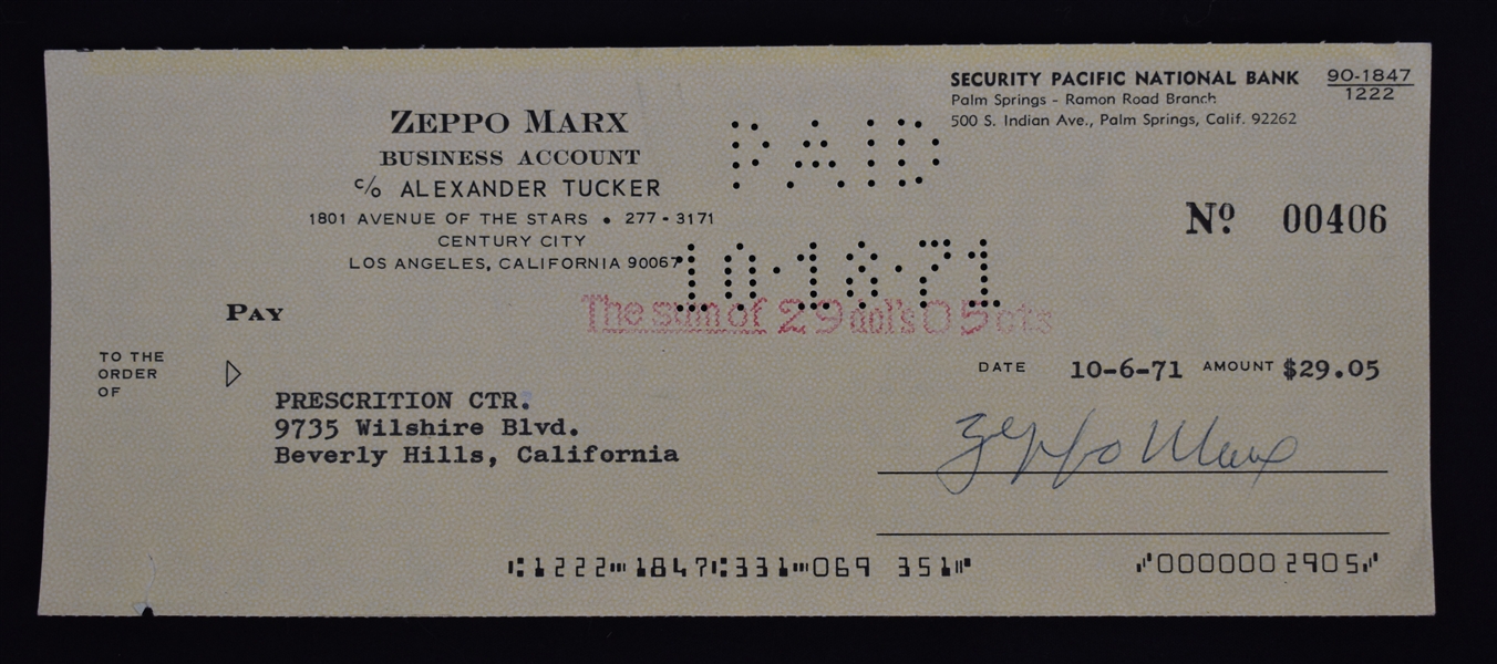 Zeppo Marx 1971 Signed Check