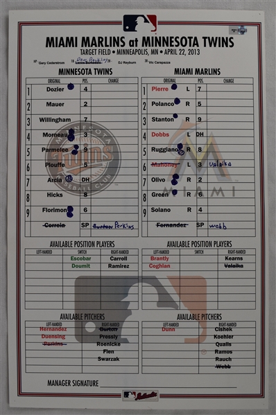 Oswaldo Arcia 2013 Line Up Card From Grand Slam Game w/MLB Authentication