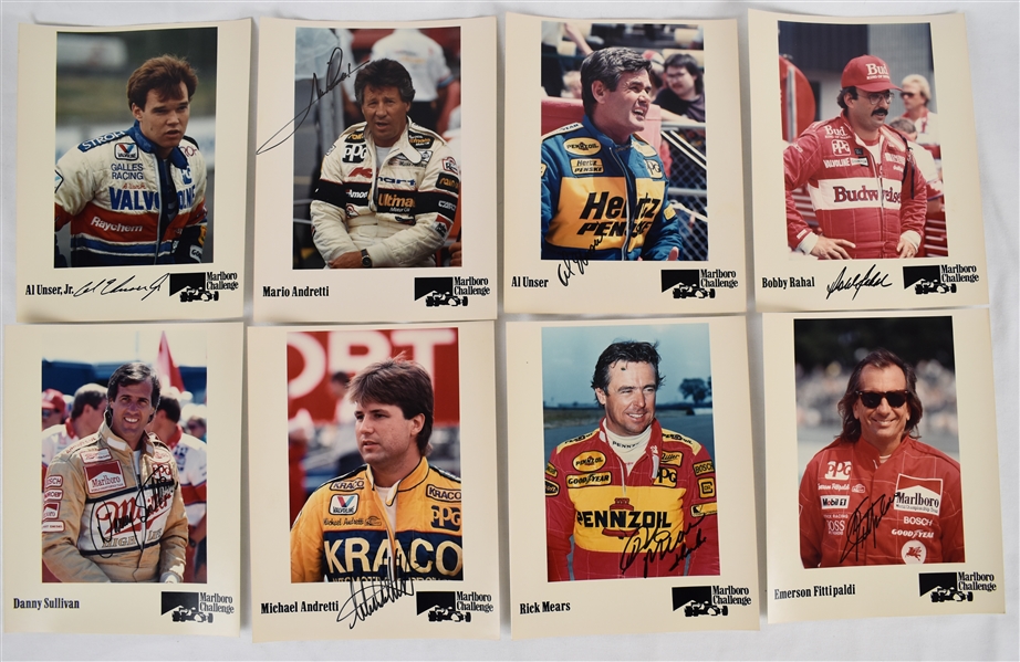 Collection of 8 Autographed Racing Photos w/Andretti & Unser