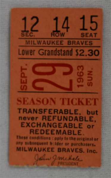 Hank Aaron 1963 Home Run #44 Ticket Ties McCovey