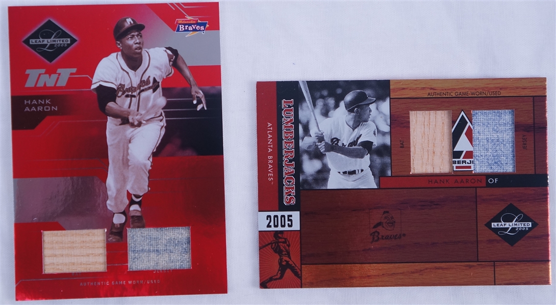 Hank Aaron Lot of 2 Game Used Dual Jersey & Bat Cards