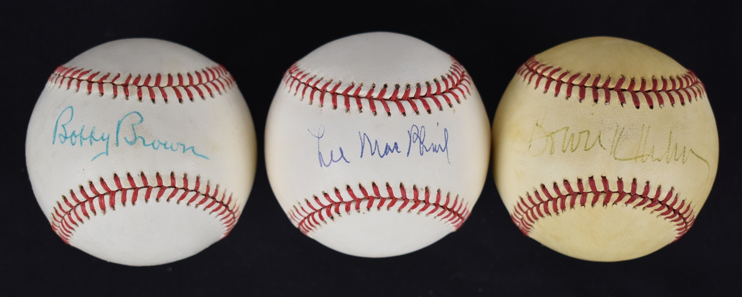 Bowie Kuhn Lee MacPhail & Bobby Brown Autographed Baseballs