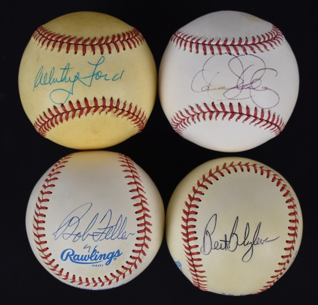 Collection of 4 HOF Pitchers Autographed Baseballs & Bob Feller Photo
