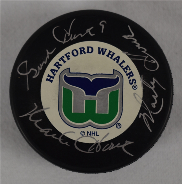 Gordie Howe Mark Howe & Marty Howe Signed Hartford Whalers Hockey Puck