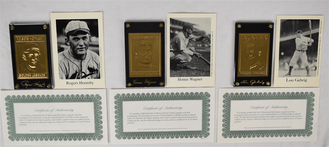 Lou Gehrig Rogers Hornsby & Honus Wagner Golden Legends Cards w/Box
