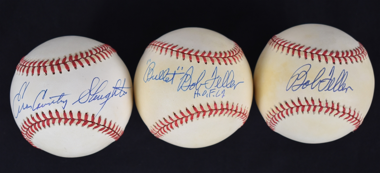 Enos Slaughter & Bob Feller Lot of 3 Autographed Baseballs