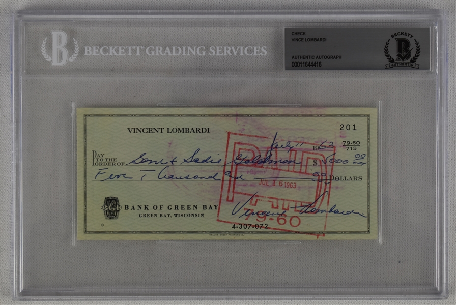 Vince Lombardi Signed 1963 Personal Check #201 BGS Authentic 