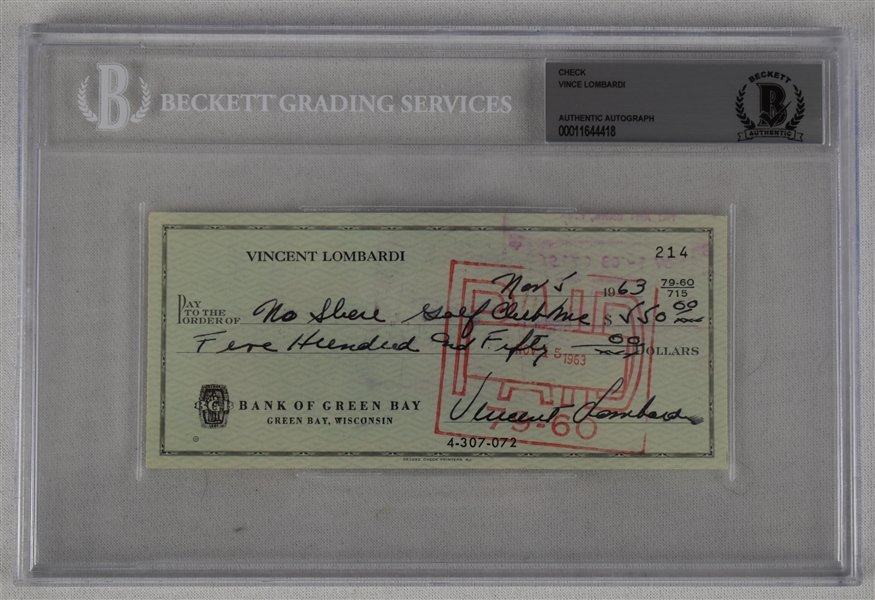 Vince Lombardi Signed 1963 Personal Check #214 BGS Authentic 