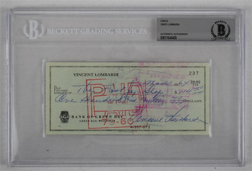 Vince Lombardi Signed 1964 Personal Check #237 BGS Authentic 