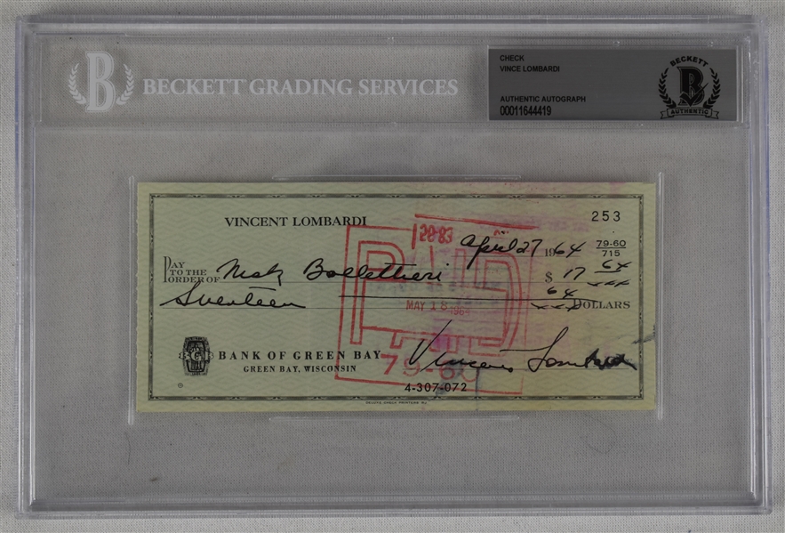 Vince Lombardi Signed 1964 Personal Check #253 BGS Authentic 