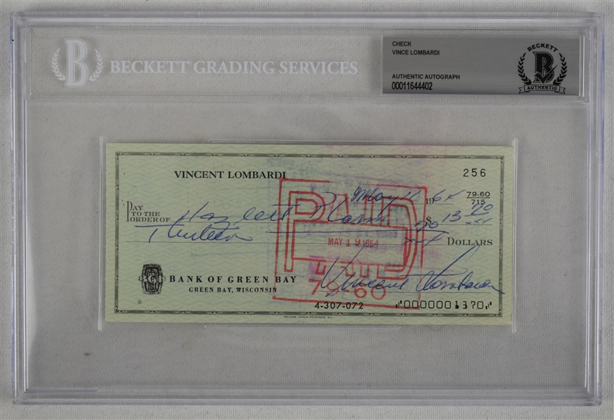 Vince Lombardi Signed 1964 Personal Check #256 BGS Authentic 