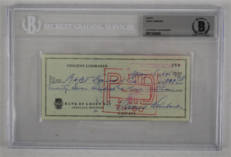 Vince Lombardi Signed 1964 Personal Check #258 BGS Authentic 