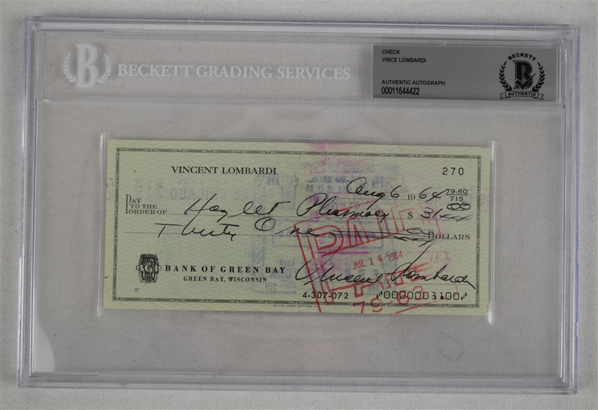 Vince Lombardi Signed 1964 Personal Check #270 BGS Authentic 
