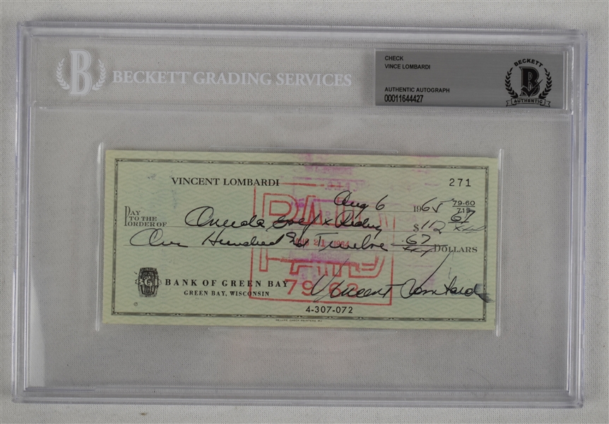 Vince Lombardi Signed 1964 Personal Check #271 BGS Authentic 