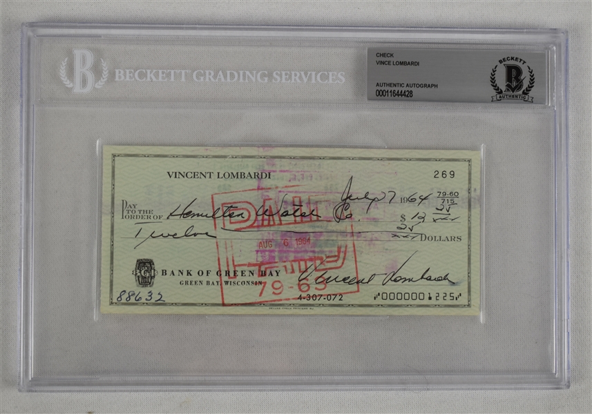 Vince Lombardi Signed 1964 Personal Check #269 BGS Authentic 