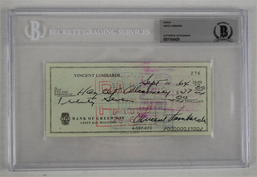 Vince Lombardi Signed 1964 Personal Check #276 BGS Authentic 