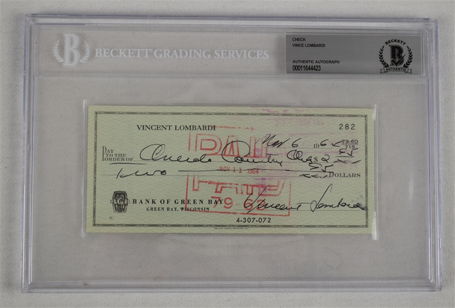 Vince Lombardi Signed 1964 Personal Check #282 BGS Authentic 