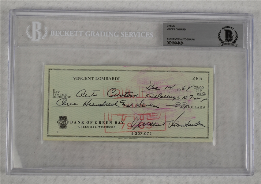 Vince Lombardi Signed 1964 Personal Check #285 BGS Authentic 