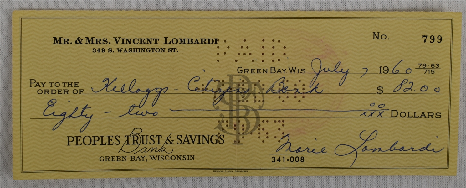 Mrs. Vince Lombardi Signed Check #799 Dated July 7th 1960