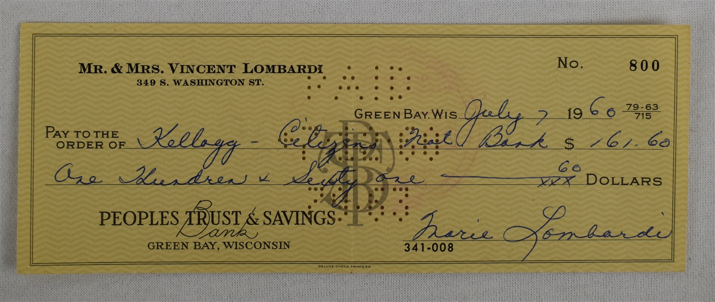Mrs. Vince Lombardi Signed Check #800 Dated July 7th 1960