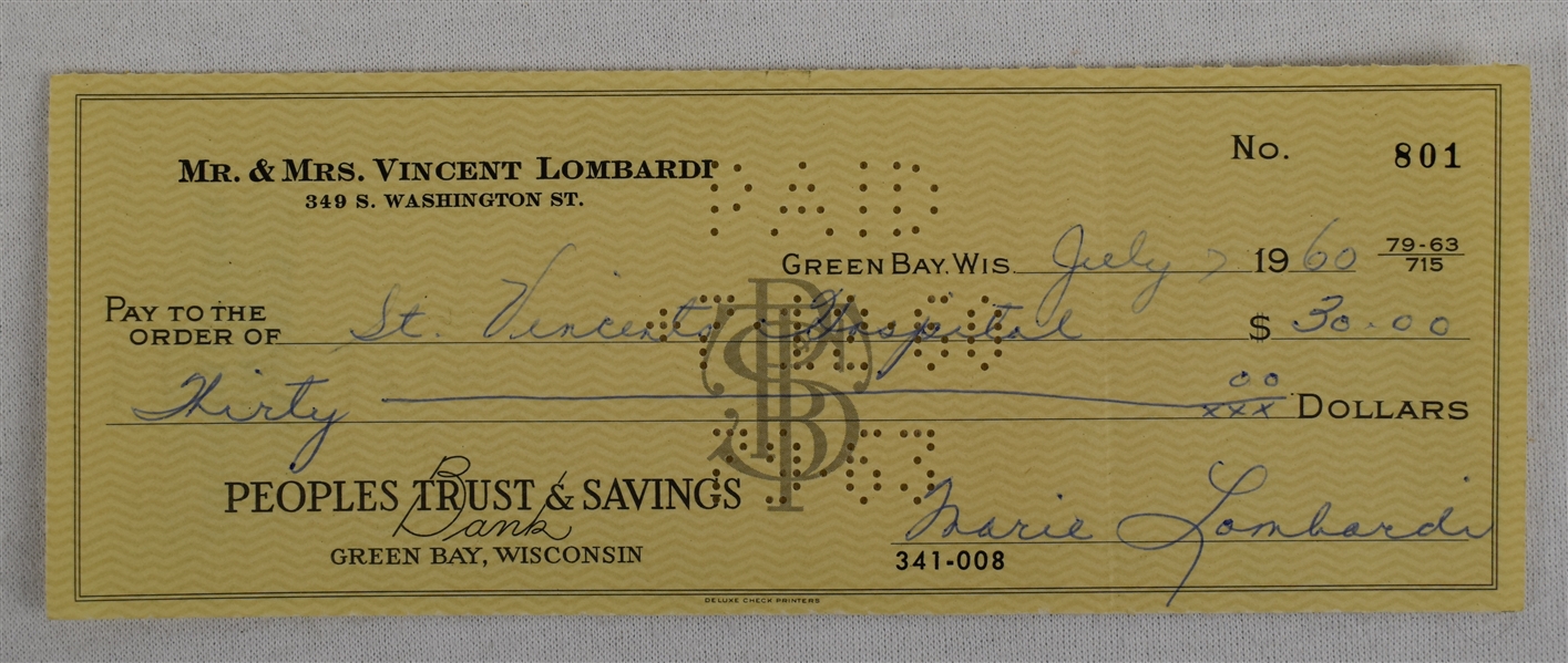 Mrs. Vince Lombardi Signed Check #801 Dated July 7th 1960