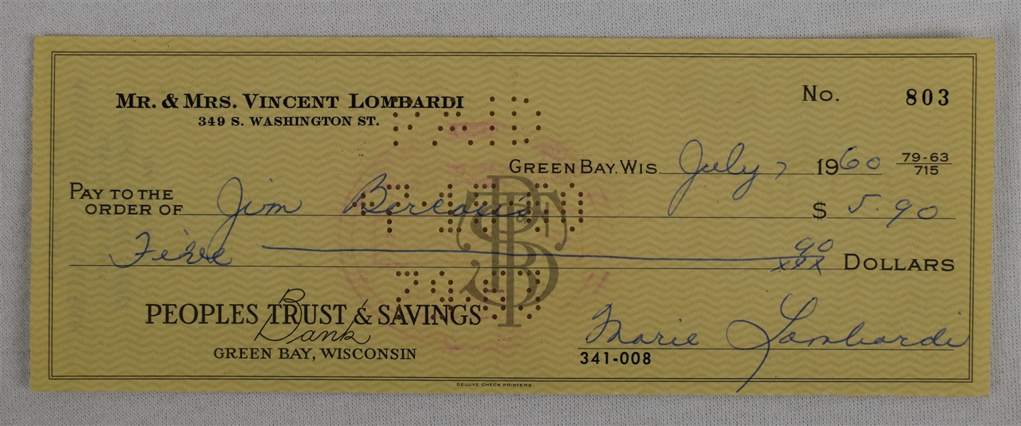 Mrs. Vince Lombardi Signed Check #803 Dated July 7th 1960
