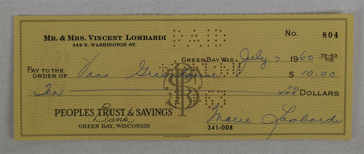 Mrs. Vince Lombardi Signed Check #804 Dated July 7th 1960
