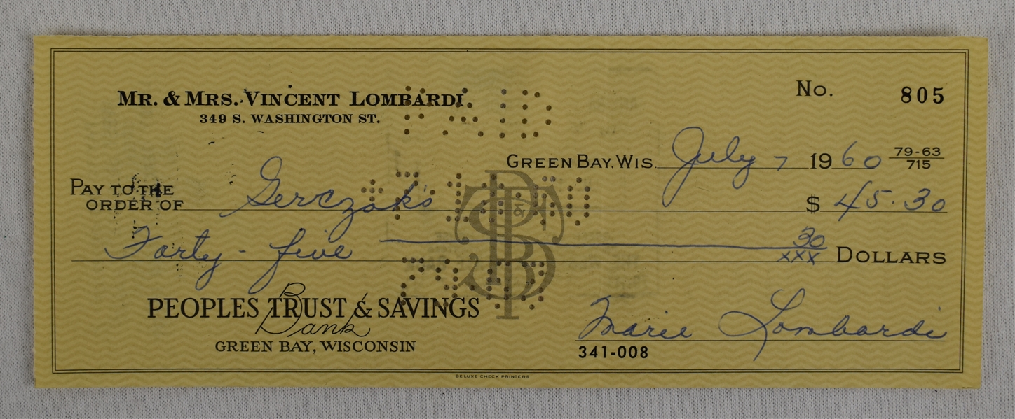 Mrs. Vince Lombardi Signed Check #805 Dated July 7th 1960