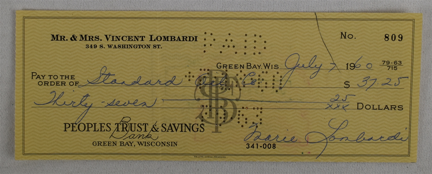 Mrs. Vince Lombardi Signed Check #809 Dated July 7th 1960
