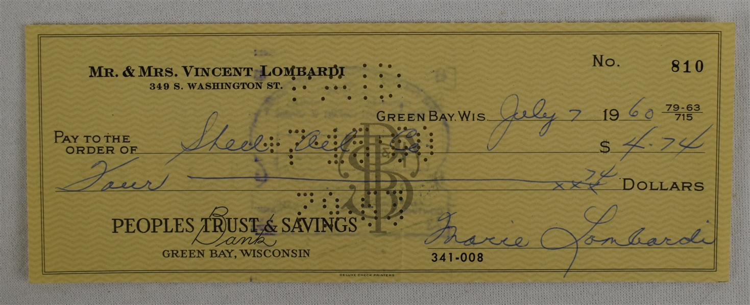 Mrs. Vince Lombardi Signed Check #810 Dated July 7th 1960