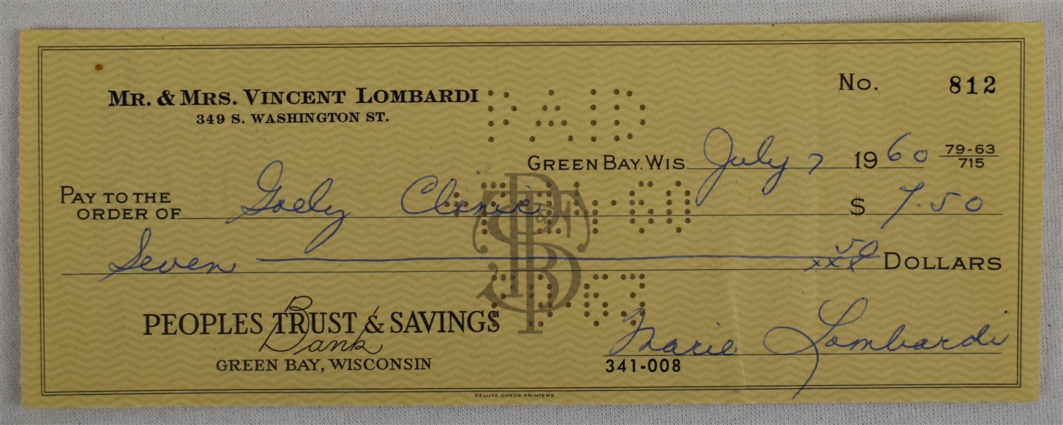 Mrs. Vince Lombardi Signed Check #812 Dated July 7th 1960