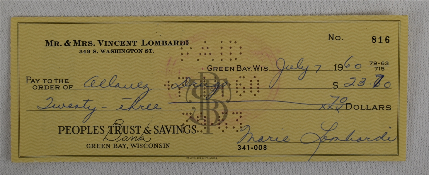 Mrs. Vince Lombardi Signed Check #816 Dated July 7th 1960