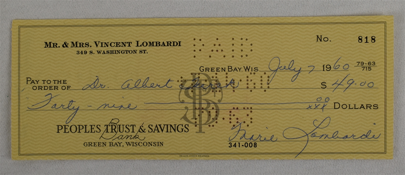 Mrs. Vince Lombardi Signed Check #818 Dated July 7th 1960