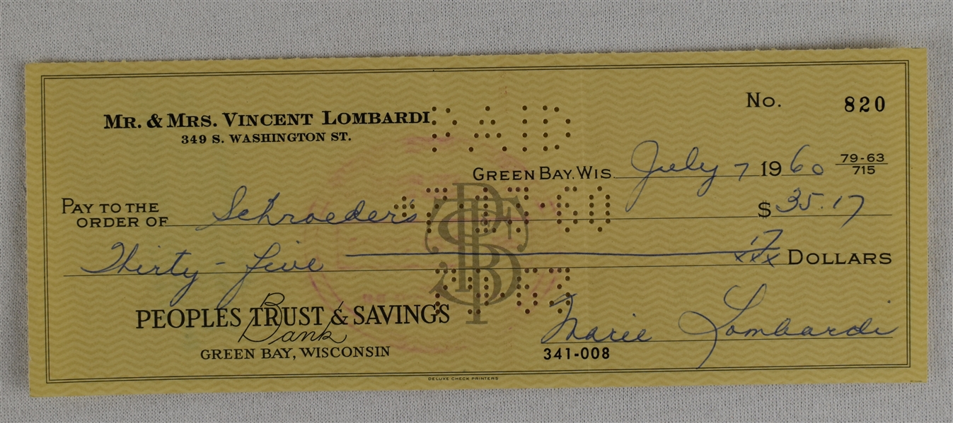 Mrs. Vince Lombardi Signed Check #820 Dated July 7th 1960