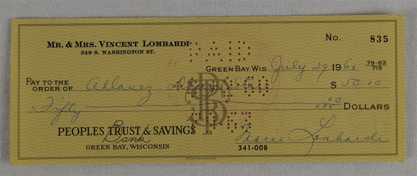 Mrs. Vince Lombardi Signed Check #835 Dated July 29th 1960